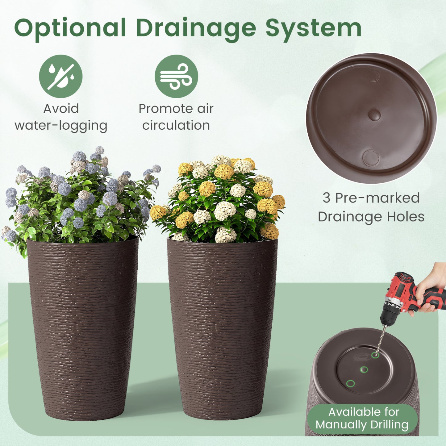 Round Plastic Planters Set of 2, 21 Inch Tall with Drainage