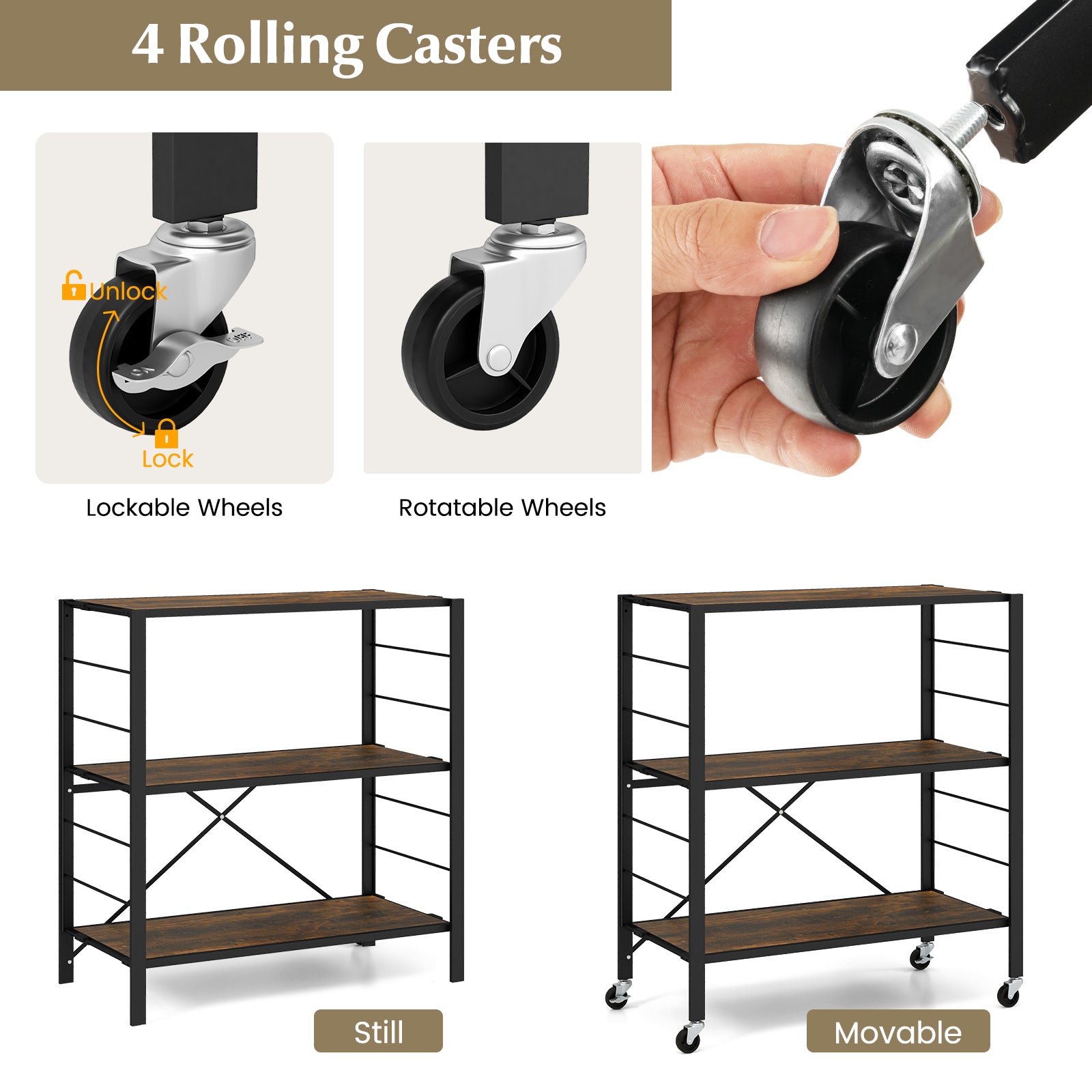3-Tier Foldable Shelving Unit with Detachable Wheels and Adjustable Shelves-Black