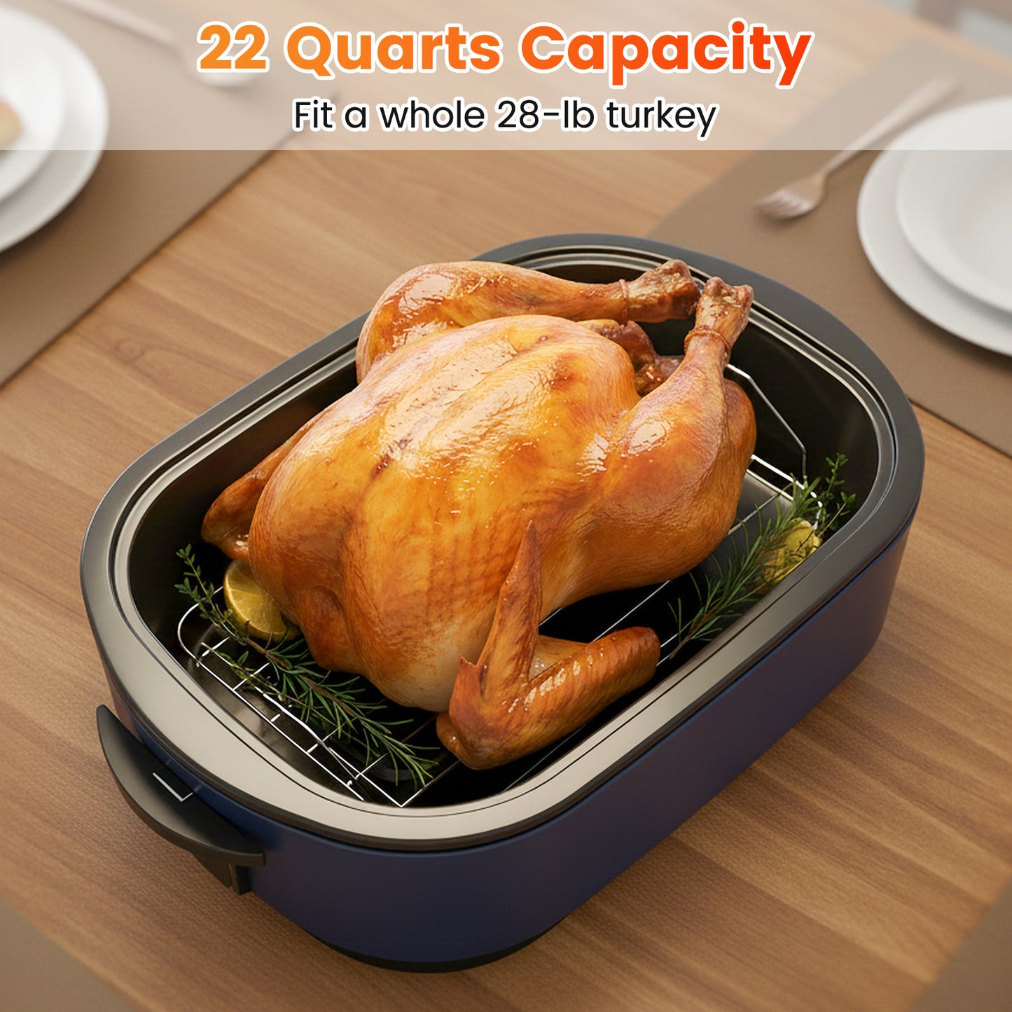 22QT Electric Roaster Oven Turkey Roaster with Visible and Self-Basting Lid-Navy