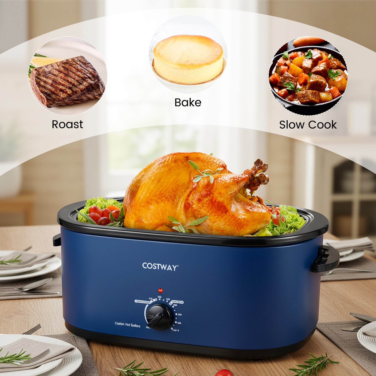 22QT Electric Roaster Oven Turkey Roaster with Visible and Self-Basting Lid-Navy