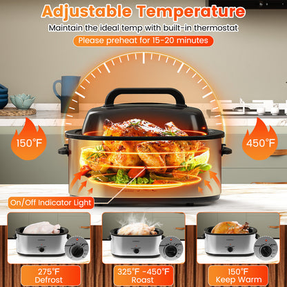 22QT Electric Roaster Oven Turkey Roaster with Visible and Self-Basting Lid-Silver