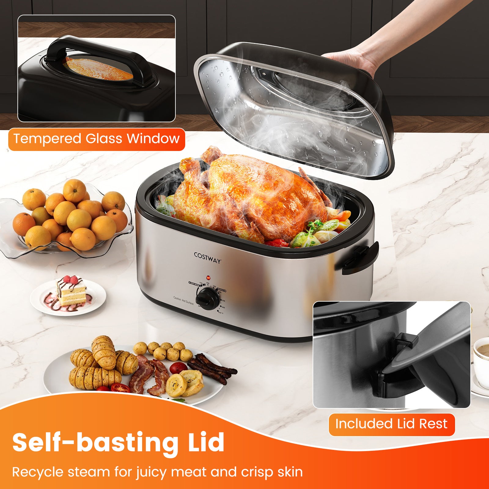 22QT Electric Roaster Oven Turkey Roaster with Visible and Self-Basting Lid-Silver