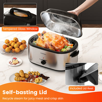22QT Electric Roaster Oven Turkey Roaster with Visible and Self-Basting Lid-Silver