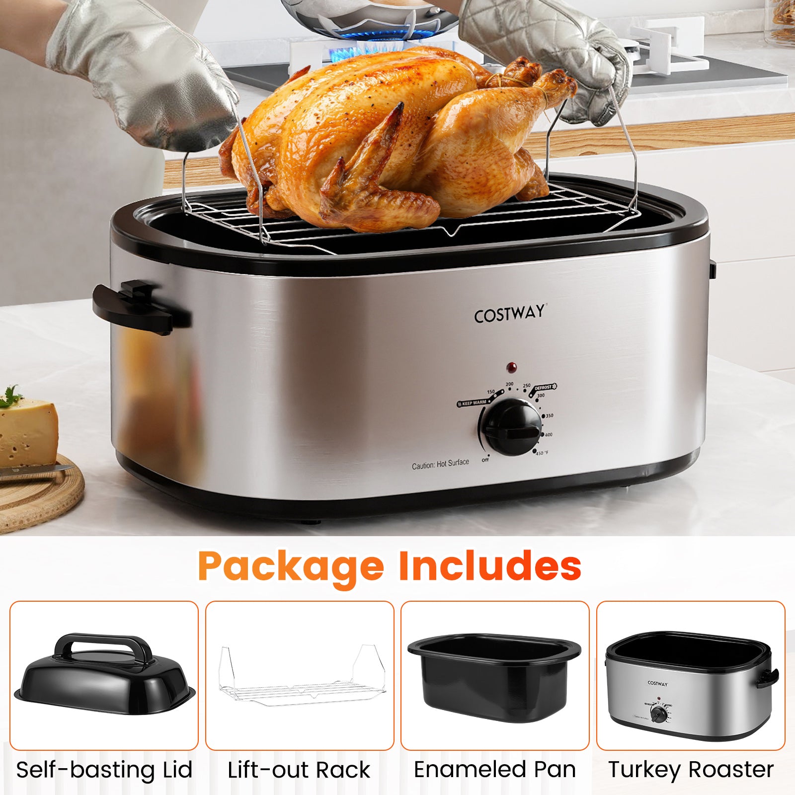 22QT Electric Roaster Oven Turkey Roaster with Visible and Self-Basting Lid-Silver
