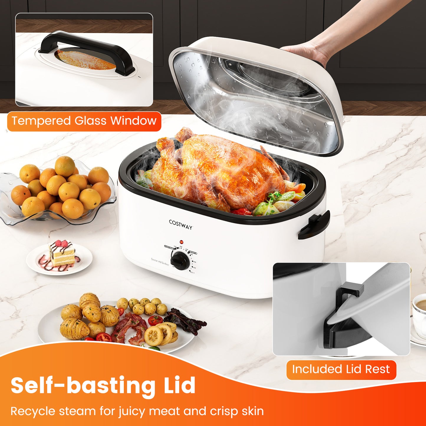 22QT Electric Roaster Oven Turkey Roaster with Visible and Self-Basting Lid-White