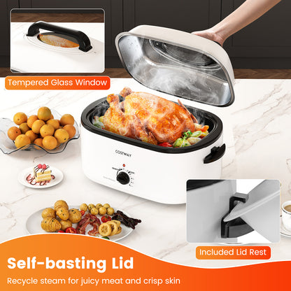 22QT Electric Roaster Oven Turkey Roaster with Visible and Self-Basting Lid-White