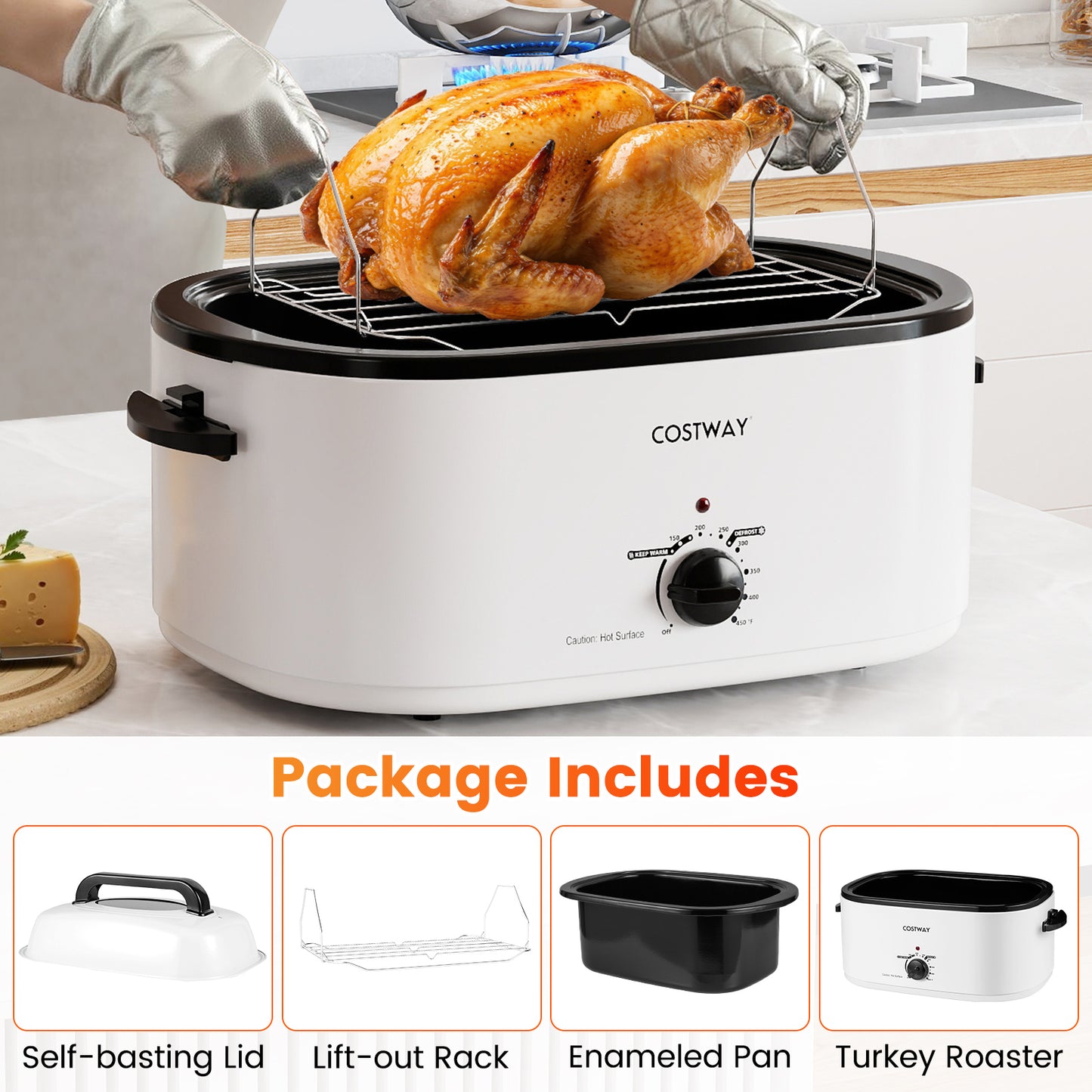 22QT Electric Roaster Oven Turkey Roaster with Visible and Self-Basting Lid-White
