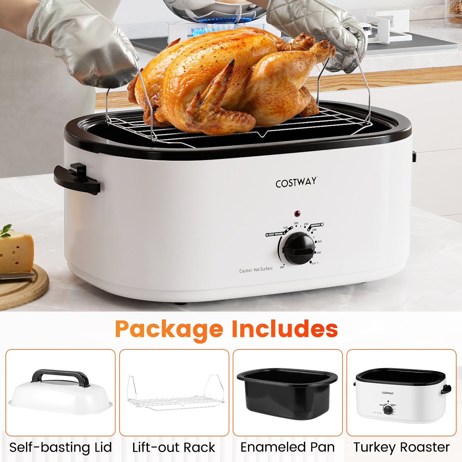 22QT Electric Roaster Oven Turkey Roaster with Visible and Self-Basting Lid-White