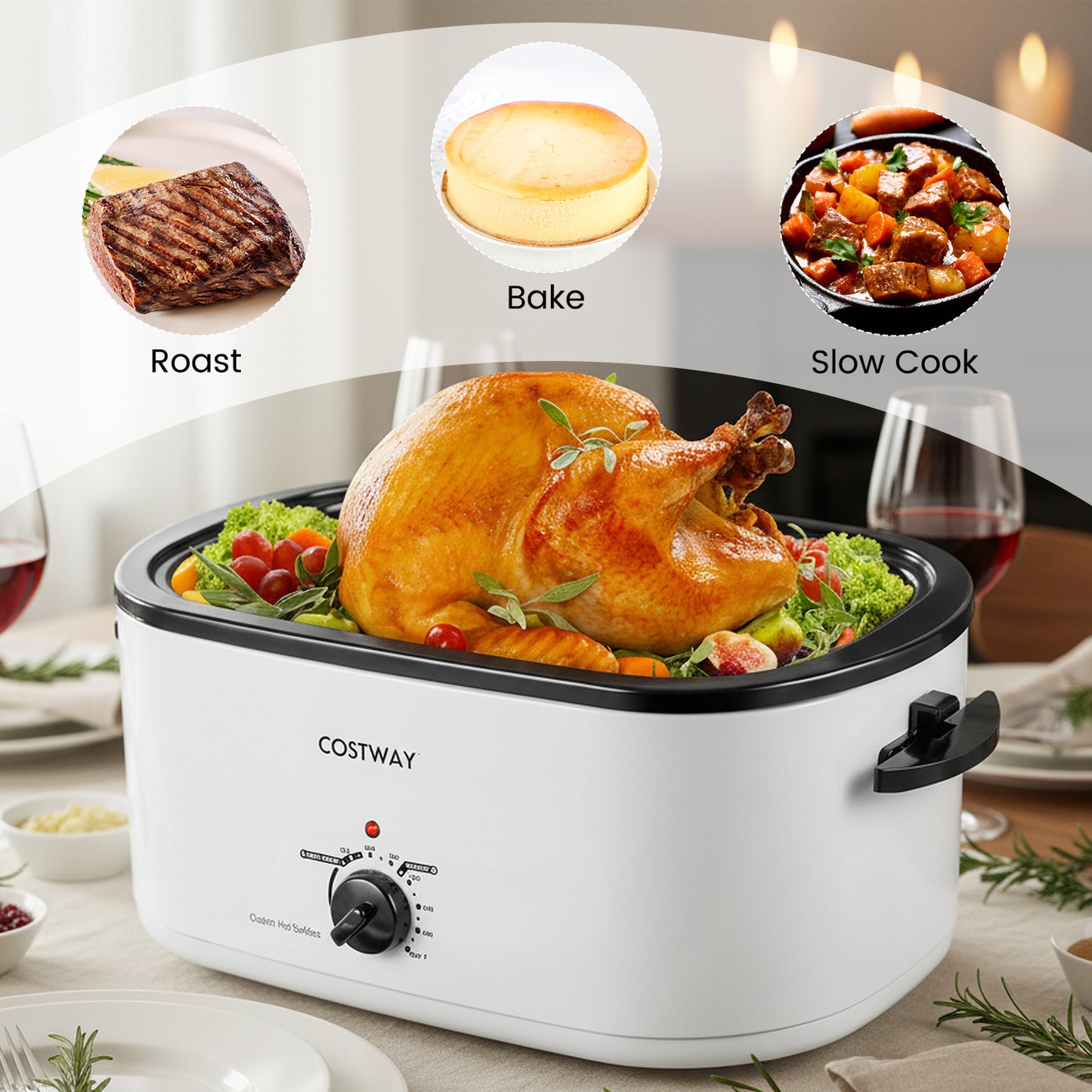 22QT Electric Roaster Oven Turkey Roaster with Visible and Self-Basting Lid-White