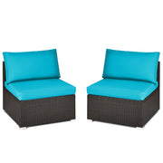 2 Pieces Patio Rattan Armless Sofa Set with 2 Cushions and 2 Pillows-Blue