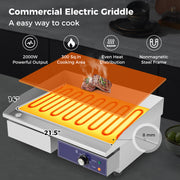 22 Inch Countertop Electric Griddle 2000W 110V Commercial Stainless Steel Grill-Silver