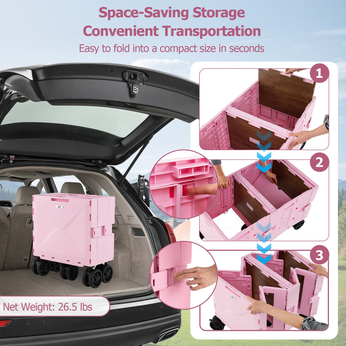 Large Foldable Utility Cart with 2-Tier Storage Crates and Telescoping Handle-Pink
