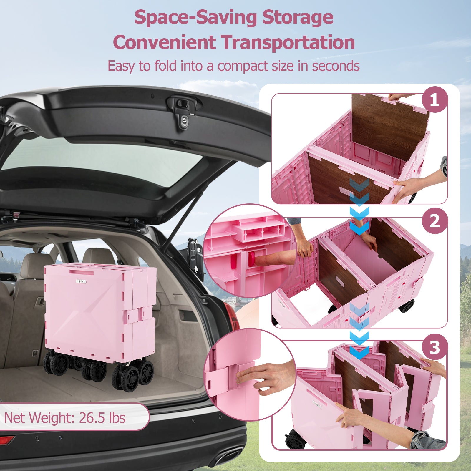 Large Foldable Utility Cart with 2-Tier Storage Crates and Telescoping Handle-Pink