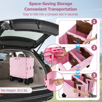 Large Foldable Utility Cart with 2-Tier Storage Crates and Telescoping Handle-Pink