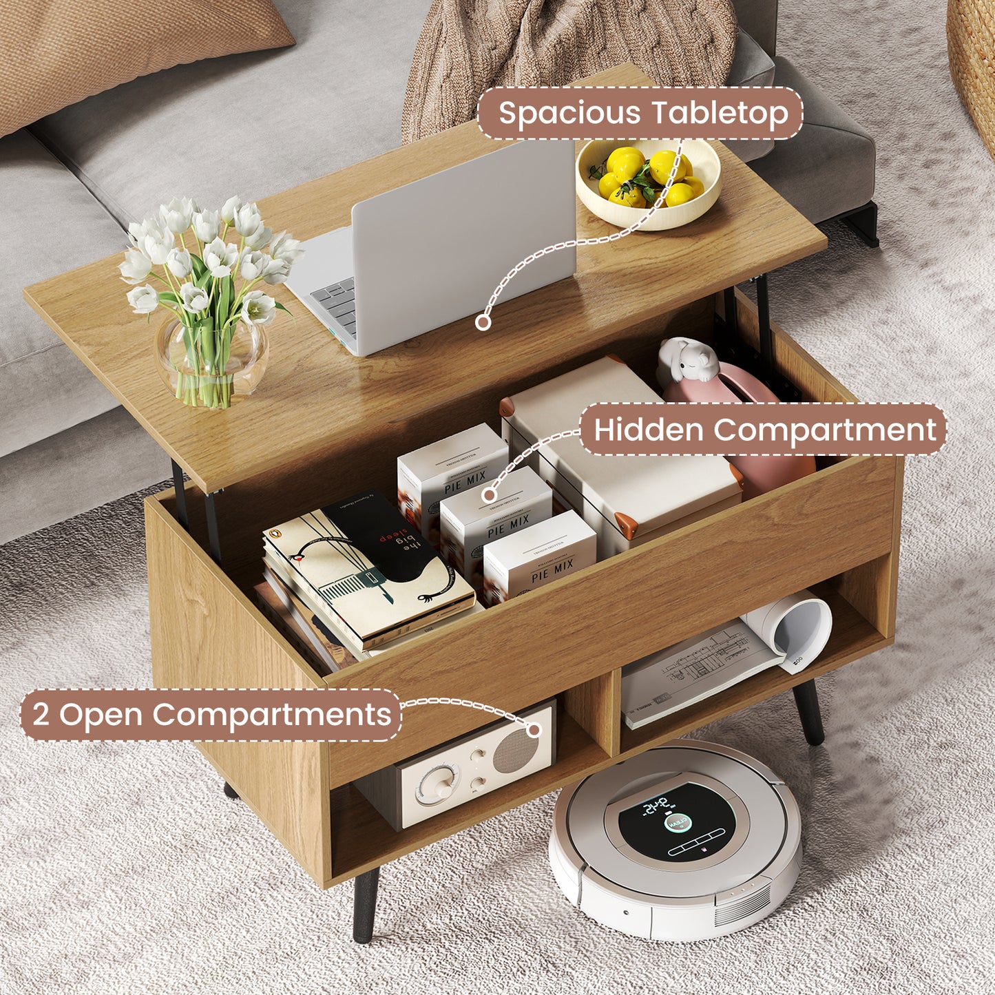 31.5 Inch Lift-Top Coffee Table with Hidden Storage and 2 Open Shelves-Natural