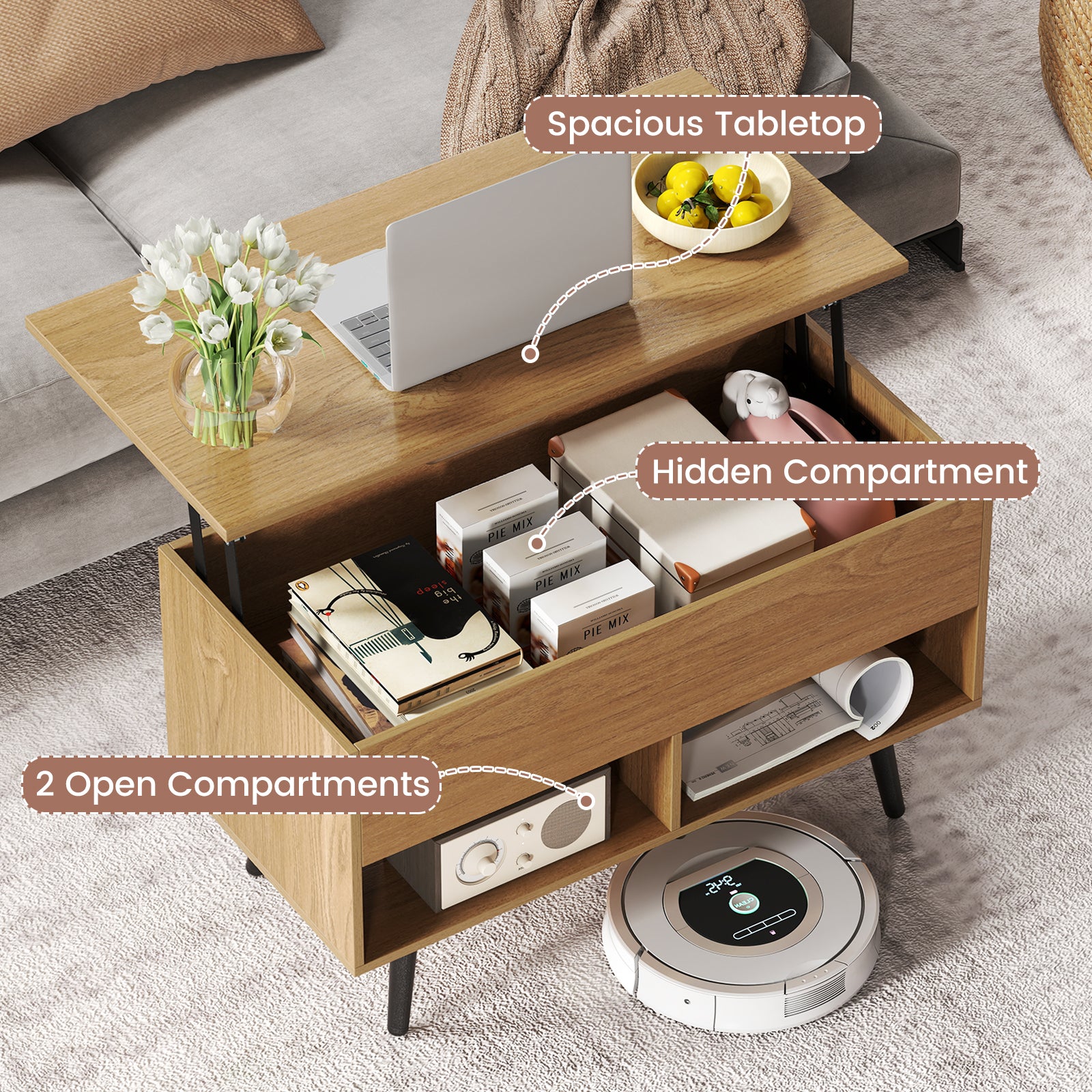 31.5 Inch Lift-Top Coffee Table with Hidden Storage and 2 Open Shelves-Natural