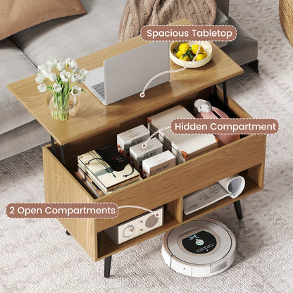 31.5 Inch Lift-Top Coffee Table with Hidden Storage and 2 Open Shelves-Natural