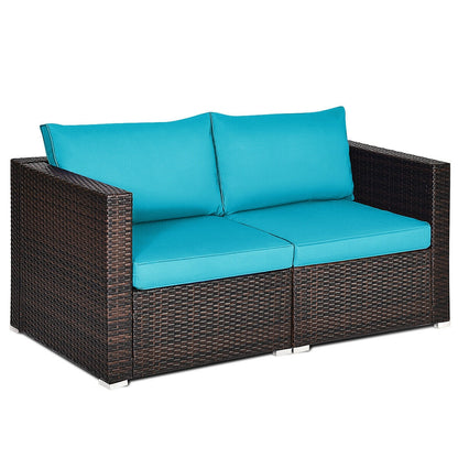 2PCS Patio Rattan Sectional Conversation Sofa Set-Navy - Blue