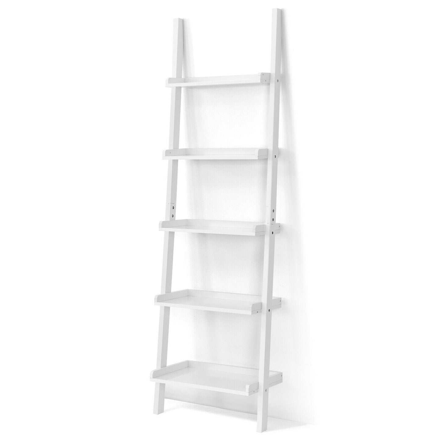 5-Tier Wall-leaning Ladder Shelf Display Rack for Plants and Books-White