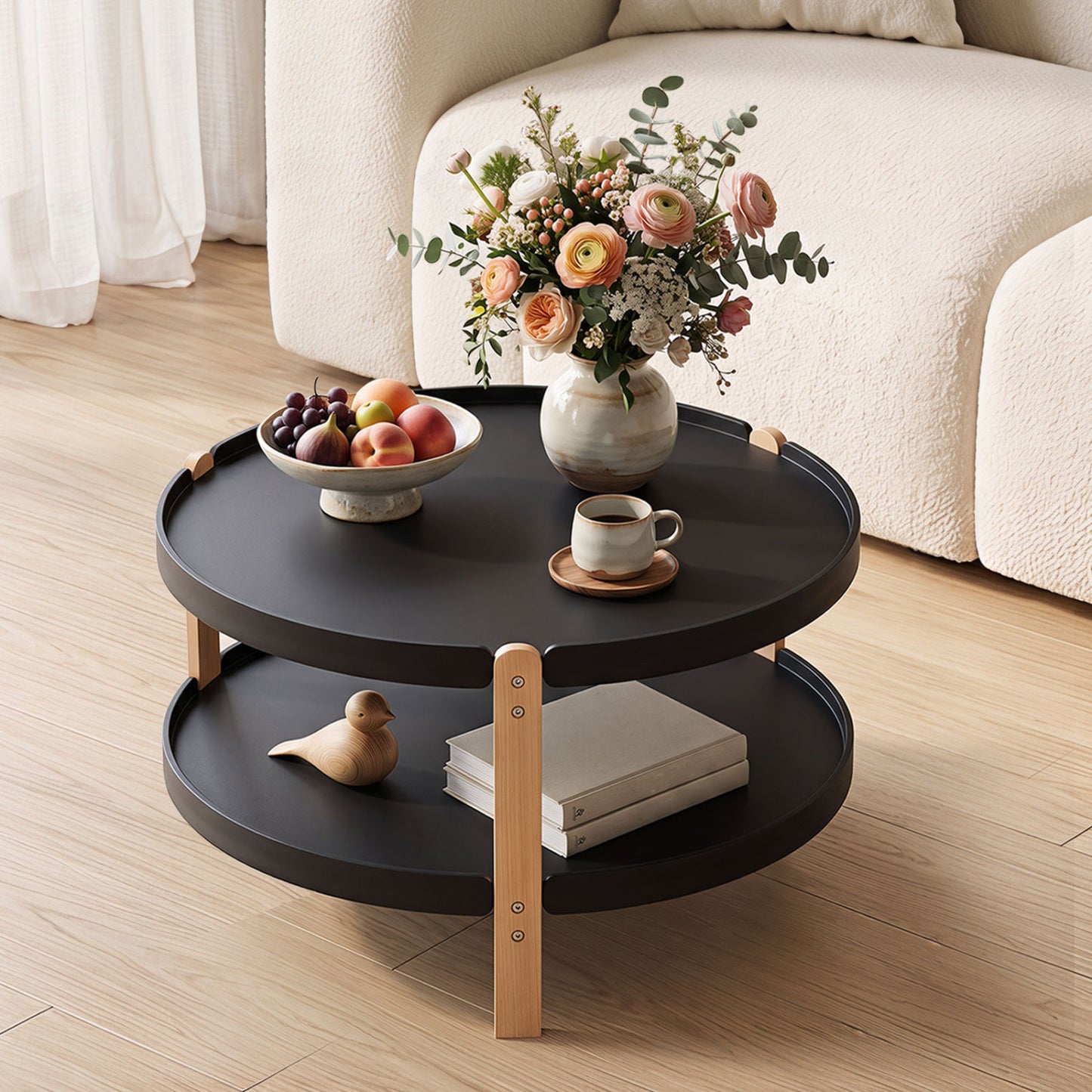 23.5" Round Coffee Table with 2-Tier Open Storage Shelf