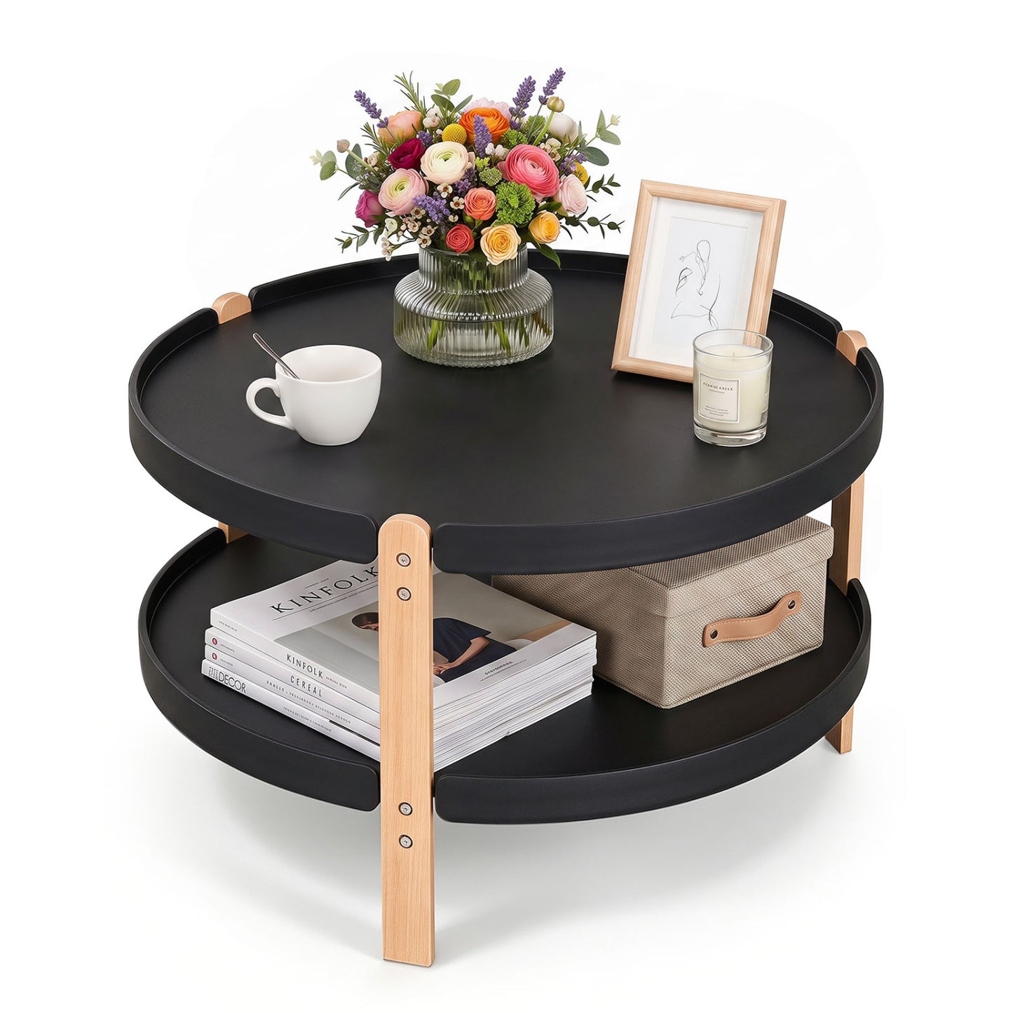 23.5" Round Coffee Table with 2-Tier Open Storage Shelf