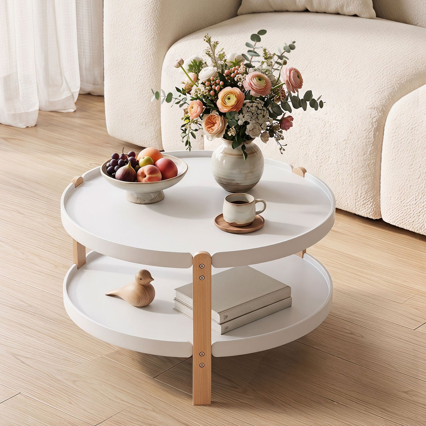 23.5" Round Coffee Table with 2-Tier Open Storage Shelf