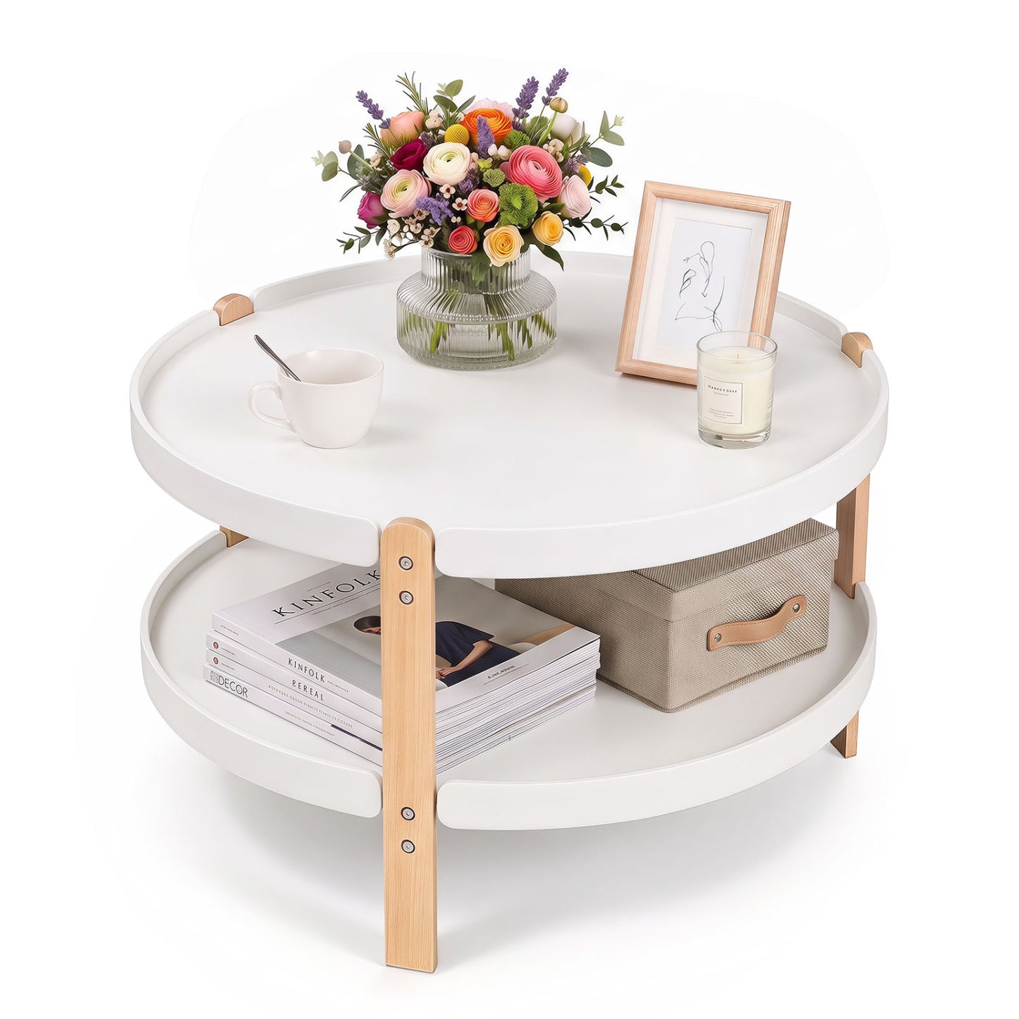 23.5" Round Coffee Table with 2-Tier Open Storage Shelf