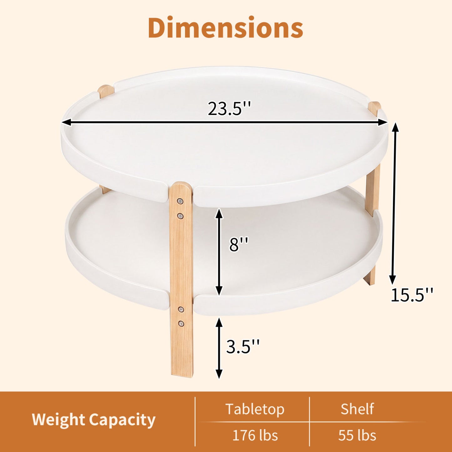 23.5" Round Coffee Table with 2-Tier Open Storage Shelf