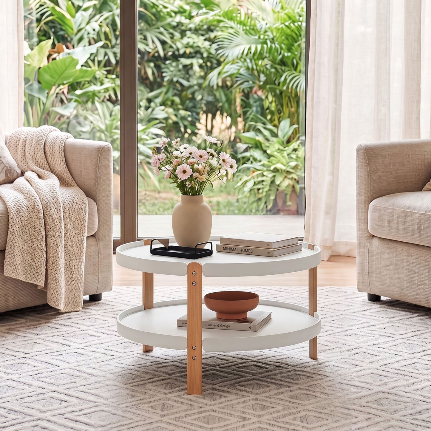 23.5" Round Coffee Table with 2-Tier Open Storage Shelf