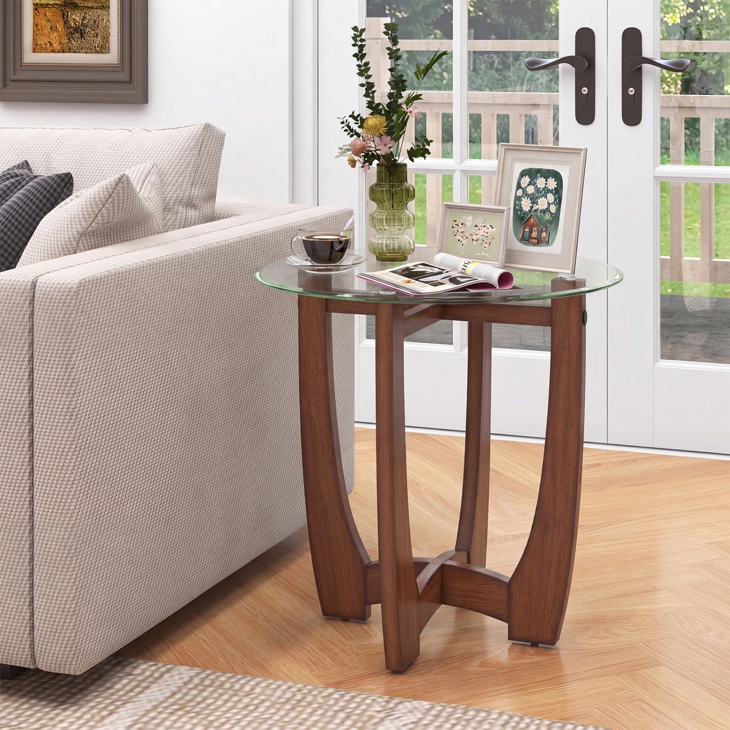 Round Glass End Table with X-Shaped Base - 23.5 Inch