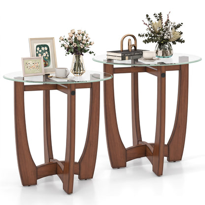 Round End Table Set of 2 with Tempered Glass Top
