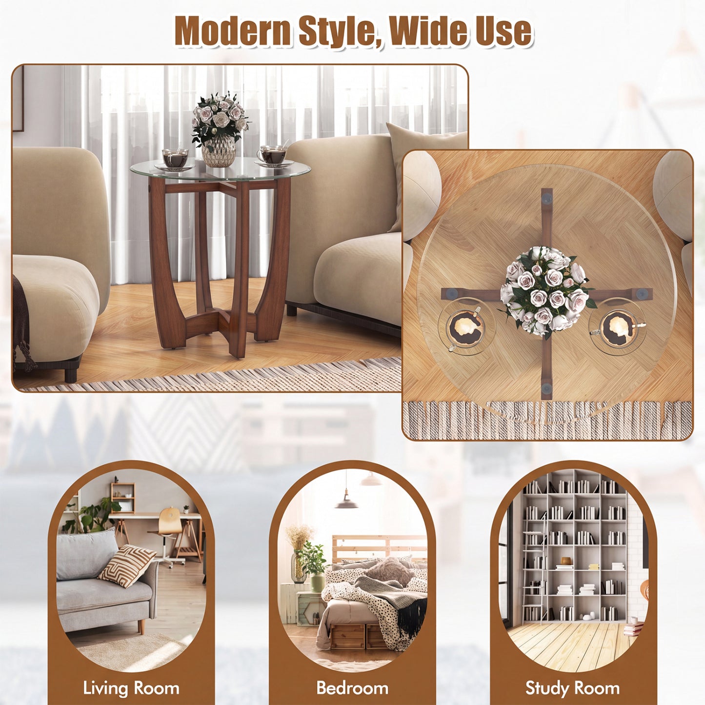Round End Table Set of 2 with Tempered Glass Top