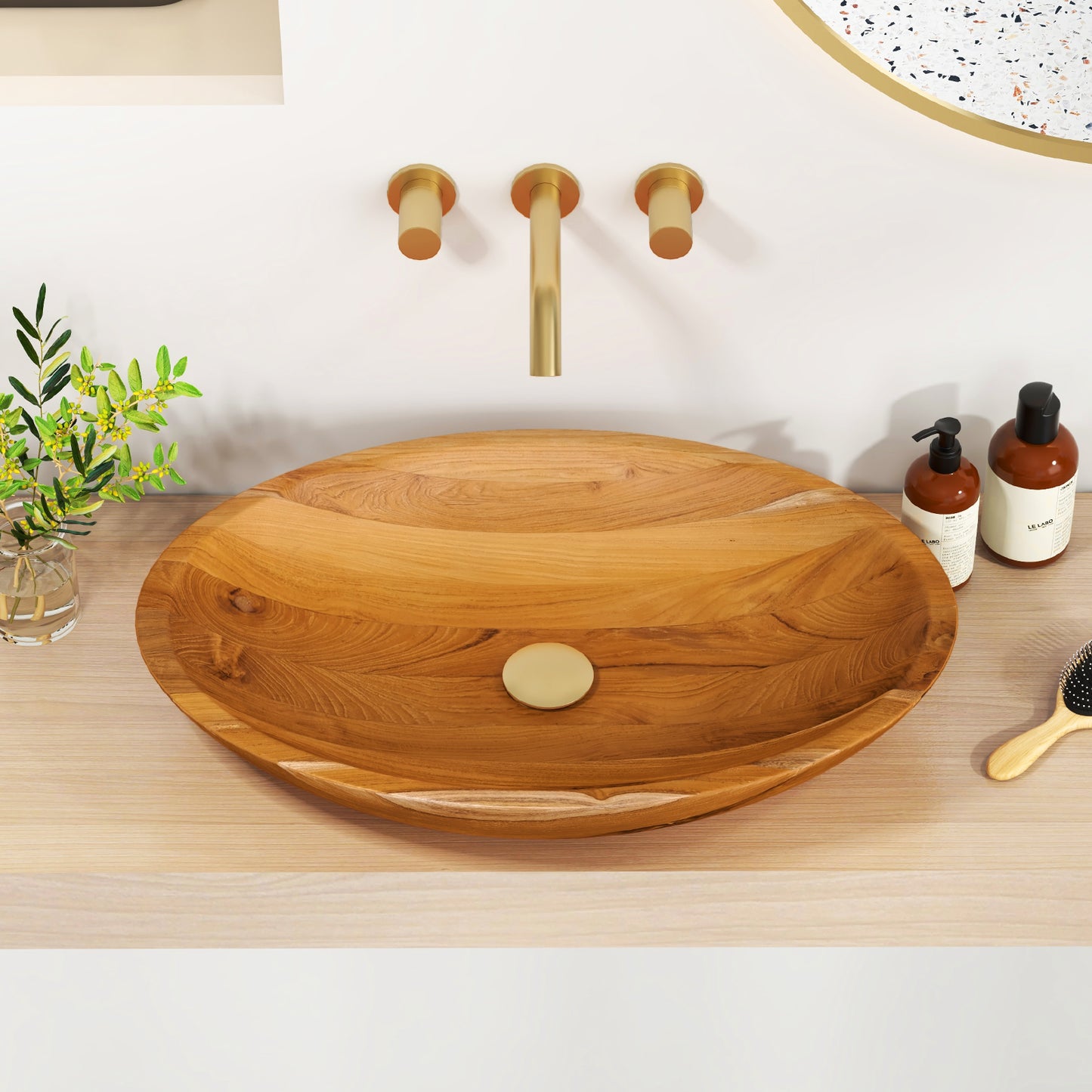 23.5 Inch x 16 Inch Teak Wood Washbasin with Drainage Hole
