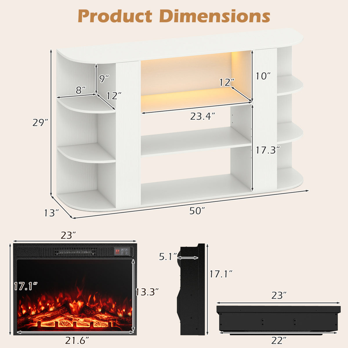 23” Electric Fireplace and 50” Fireplace TV Stand with RGB Lights for Living Room