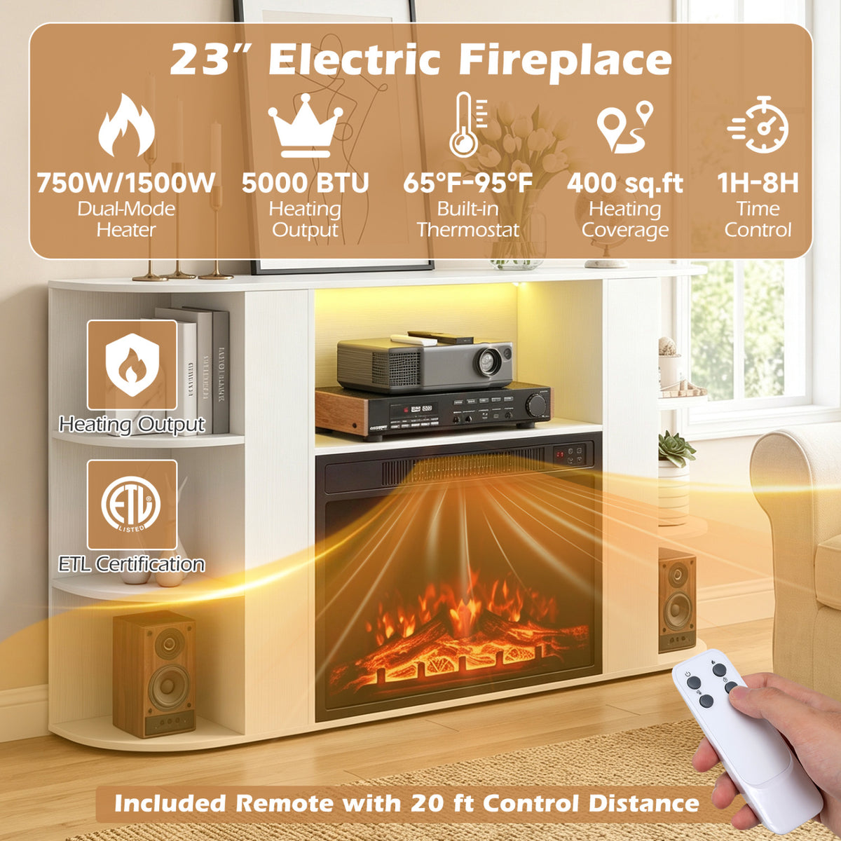 23” Electric Fireplace and 50” Fireplace TV Stand with RGB Lights for Living Room