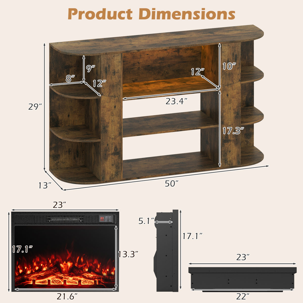23” Electric Fireplace and 50” Fireplace TV Stand with RGB Lights for Living Room