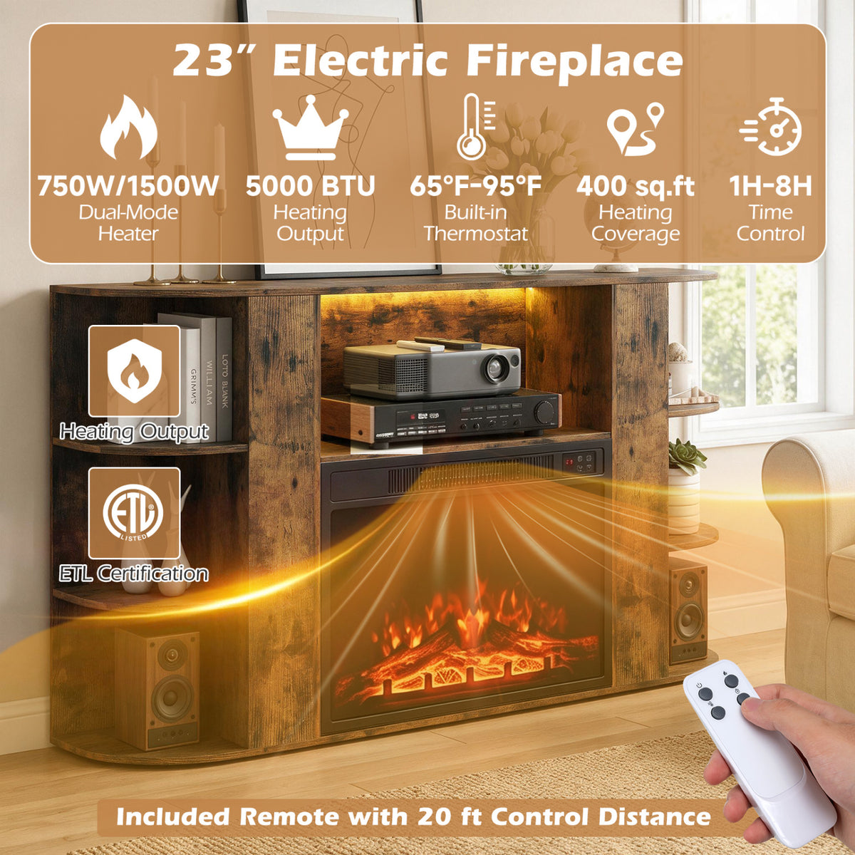 23” Electric Fireplace and 50” Fireplace TV Stand with RGB Lights for Living Room