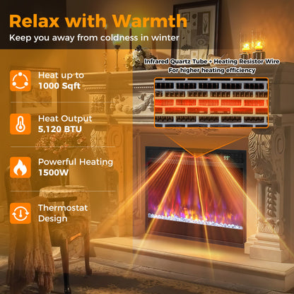 23 Inch 1500W Recessed Electric Fireplace Insert with Remote Control