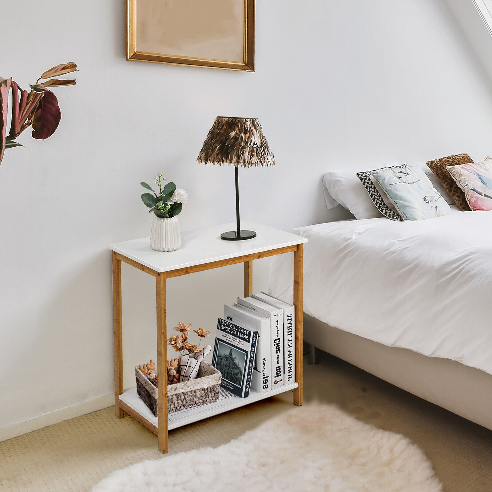 23 Inch Height 2-tier End Table with Bamboo Frame and Bottom Shelf-White