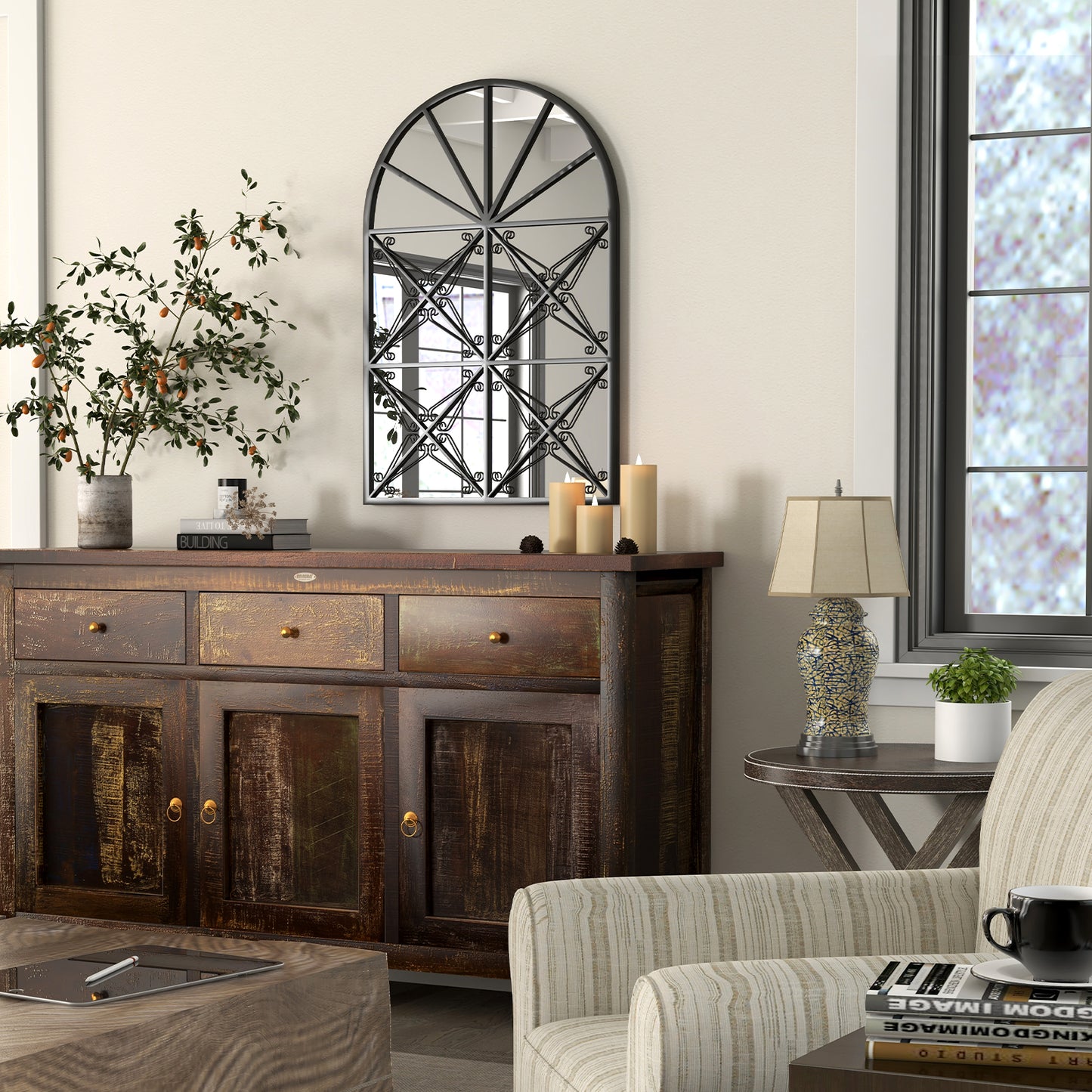 23 Inches x 34 Inches Arched Window Pane Mirror with Metal Frame for Living Room-Black