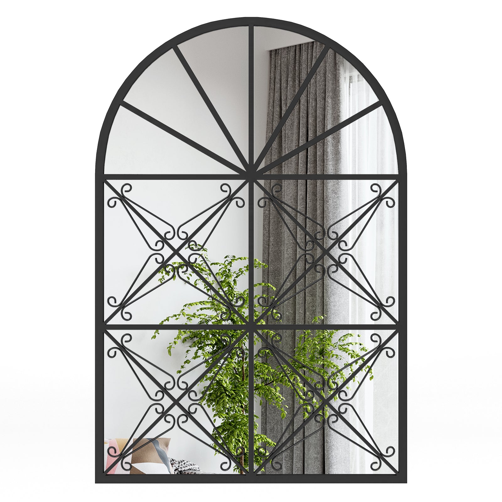 23 Inches x 34 Inches Arched Window Pane Mirror with Metal Frame for Living Room-Black
