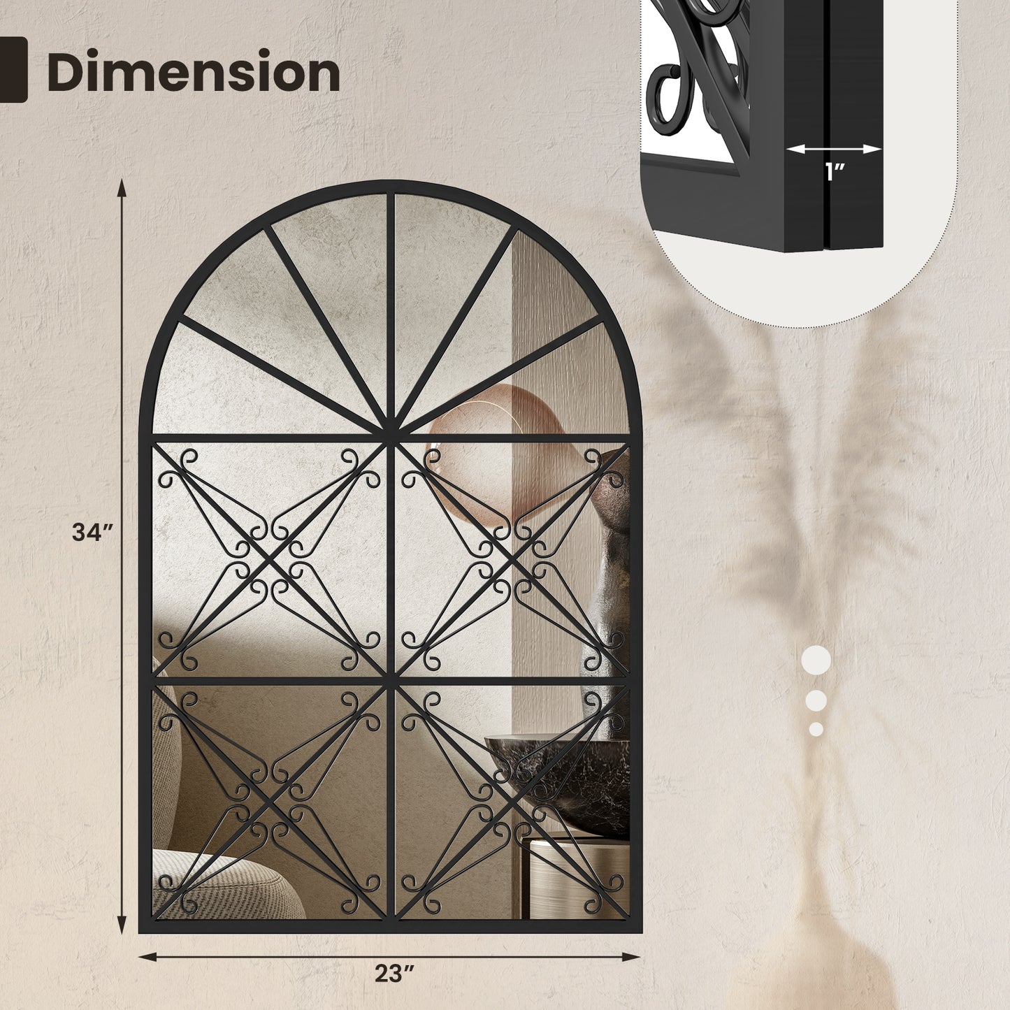 23 Inches x 34 Inches Arched Window Pane Mirror with Metal Frame for Living Room-Black
