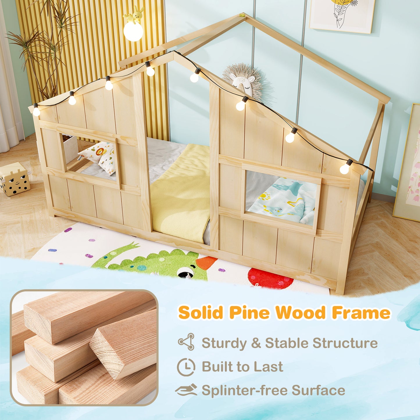 Twin Size House Bed with LED Lights Montessori Slat-free Floor Bed-Natural