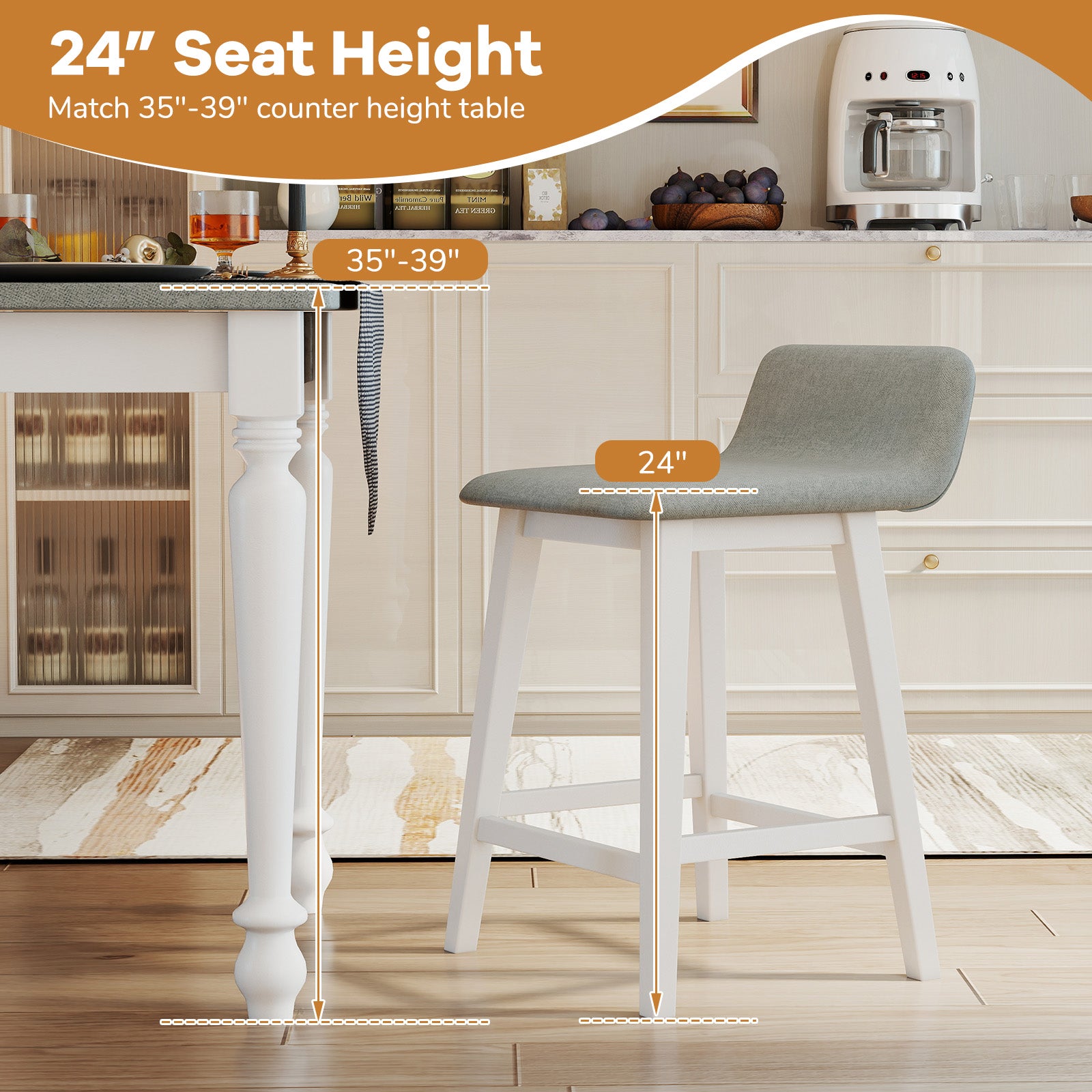 24 Inch Counter Height Bar Stools Set of 2 with Low Back-White