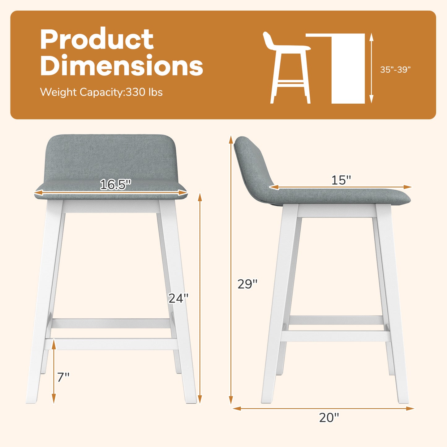 24 Inch Counter Height Bar Stools Set of 2 with Low Back-White