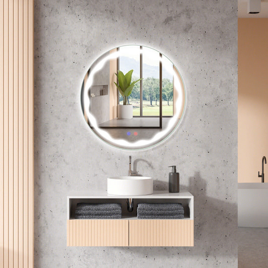 24 Inch Round Wall Mirror with 3-Color LED Lights and Smart Touch Button