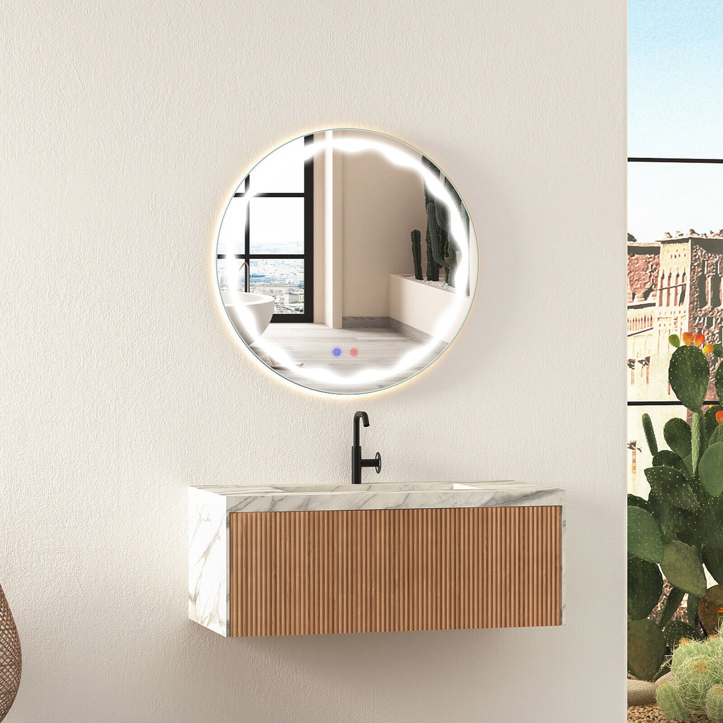 24 Inch Round Wall Mirror with 3-Color LED Lights and Smart Touch Button