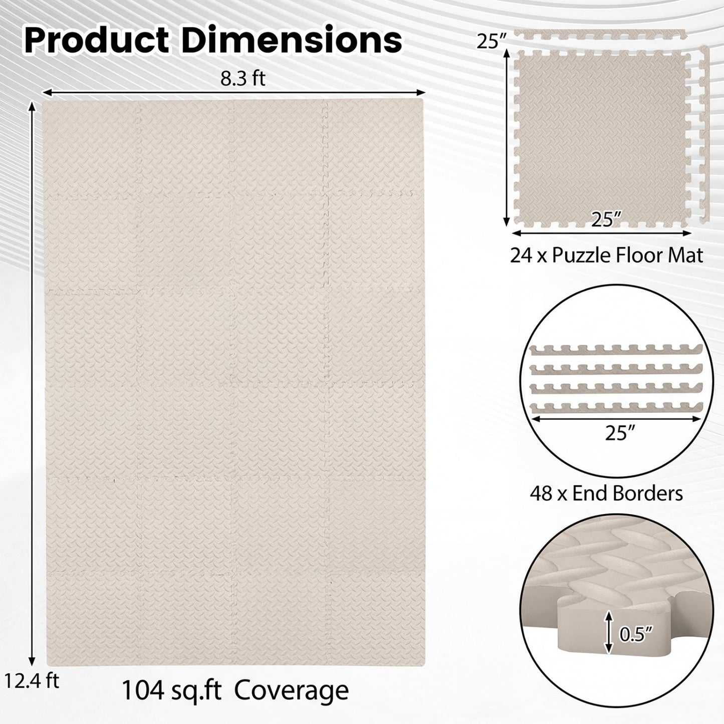 Puzzle Exercise Floor Mats 1/2 Inch Thick - 24 Tiles
