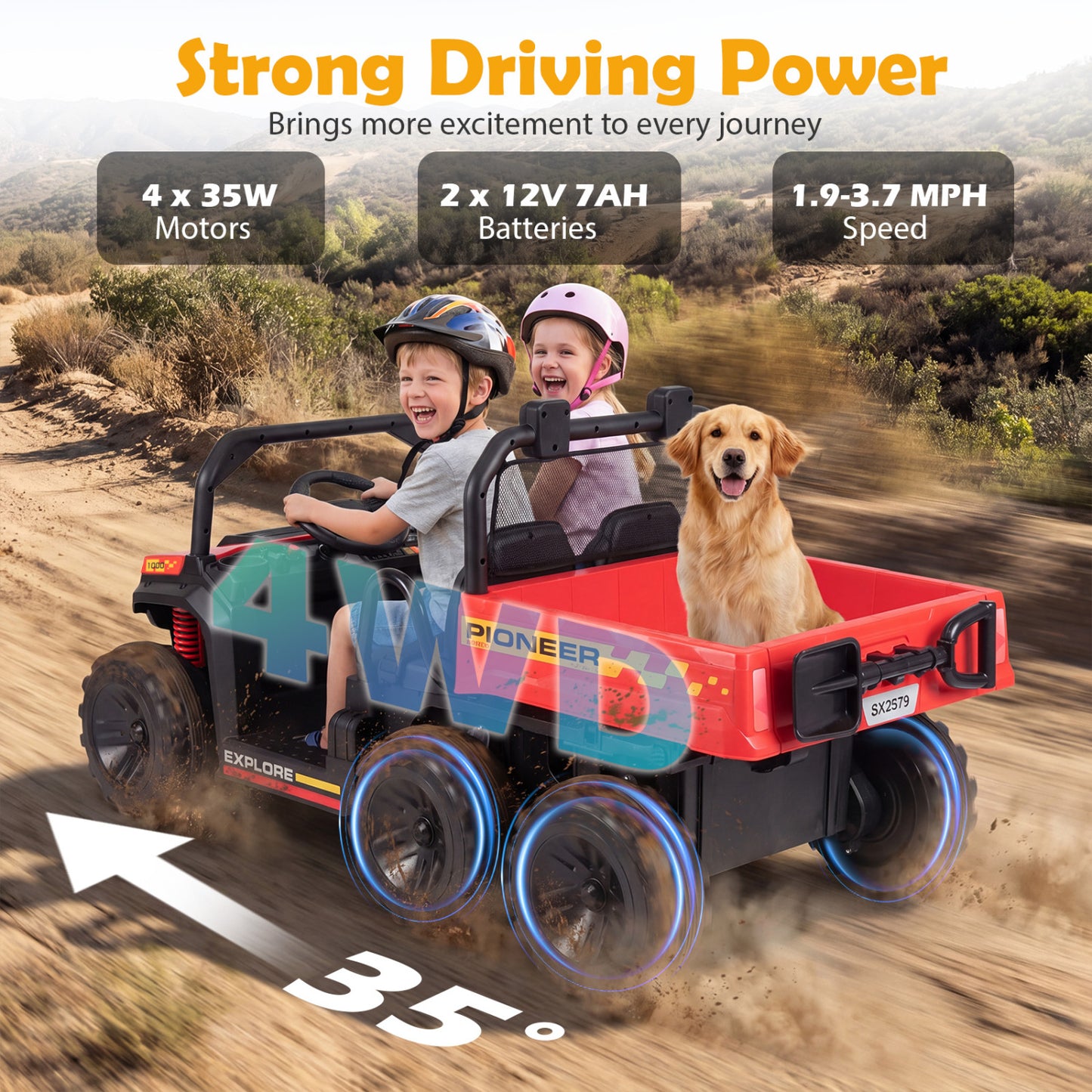 24V 2-Seater Kids Ride on Dump Truck 4WD with Electric Dump Bed and Lights