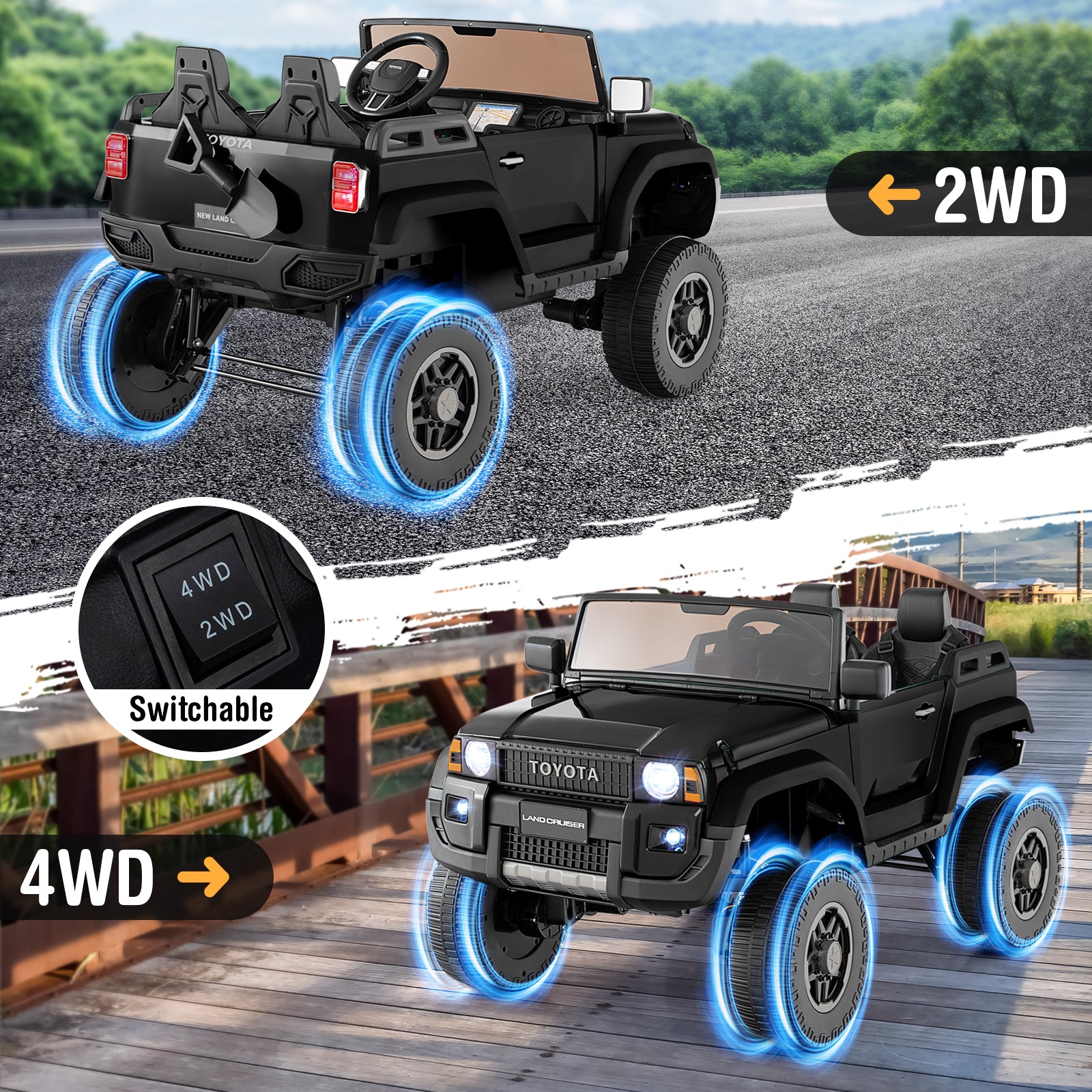 24V 2 Seater Ride on Car 4WD/2WD Switchable for Kids with Remote for Ages 3+-Black